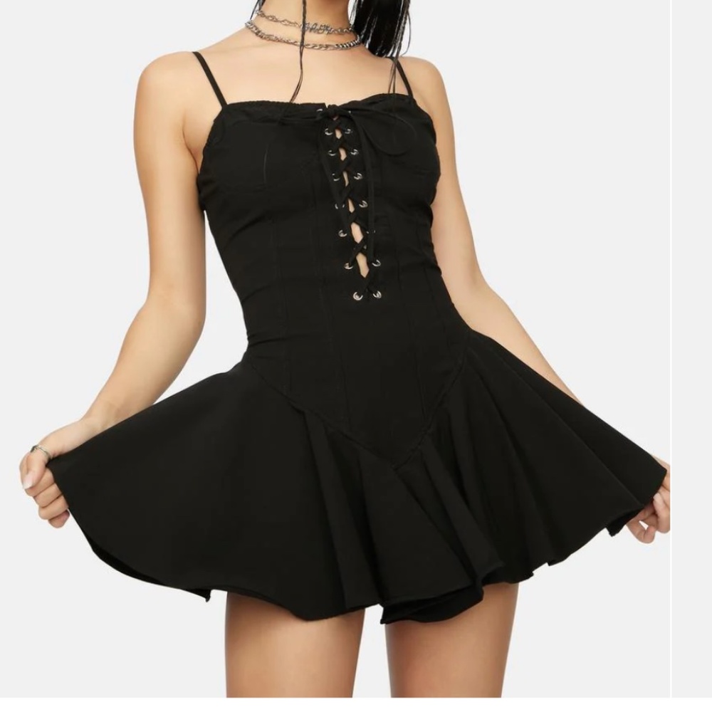 Lace Up Fit Flare Ruffle Mini Dress